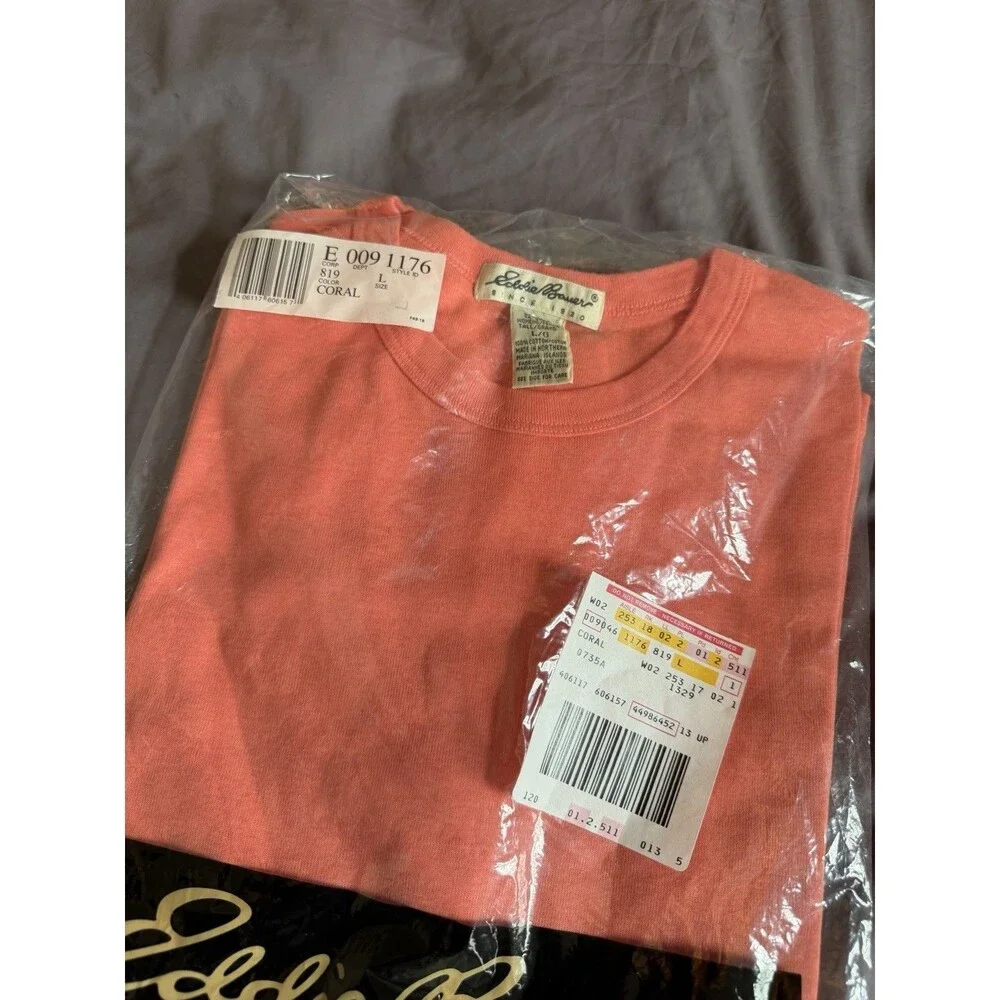 Vintage Eddie Bauer Womens L Tall Coral Cotton Crewneck T Shirt Deadstock NOS